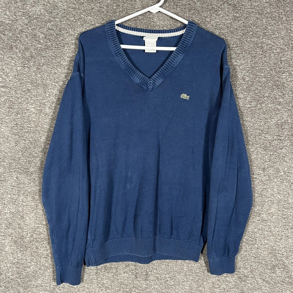 Lacoste Sweater Mens XL Blue V Neck Cotton‎ Knit Pullover Croc Logo Long Sleeve